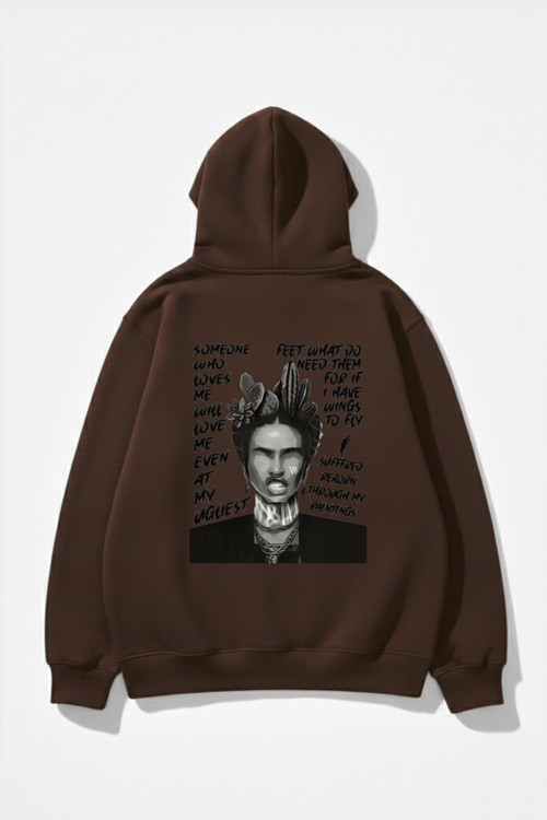 Unisex Yumuşak Dokulu Frida Kahlo Viva La Vida Baskılı Tasarım Oversize 3 İplik Hoodie Sweatshirt