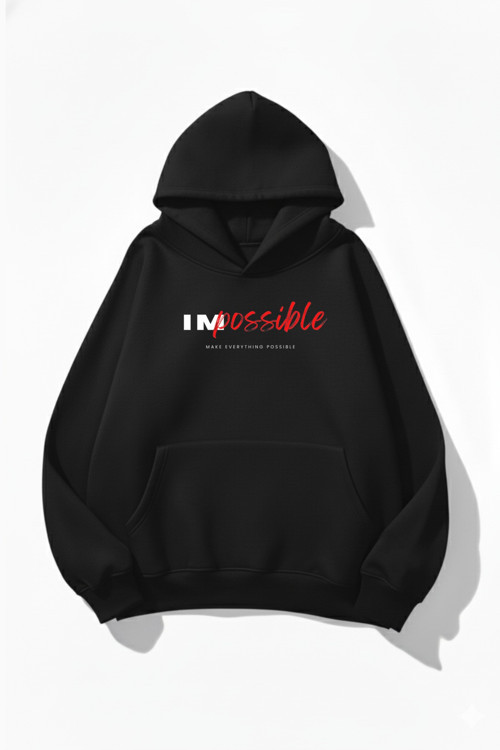 Unisex Yumuşak Dokulu Impossible Baskılı Tasarım Oversize 3 İplik Hoodie Sweatshirt