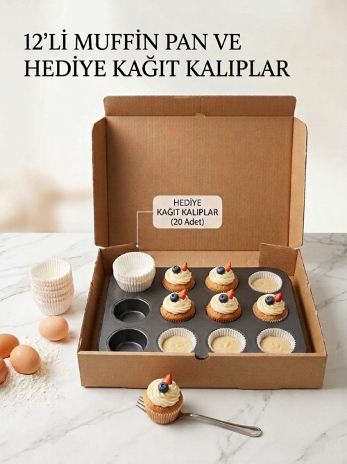 METAL YAPIŞMAZ MUFFİN KEK KALIBI (KAĞIT KEK KALIBI HEDİYELİ)12 BÖLMELİ