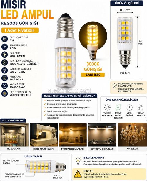 K2 E-14 3w Mısır Led Ampul SARI Işık 3000k 3 Watt 220 Volt (Günışığı İnce Duy Buz Dolabı Ampulu Gün