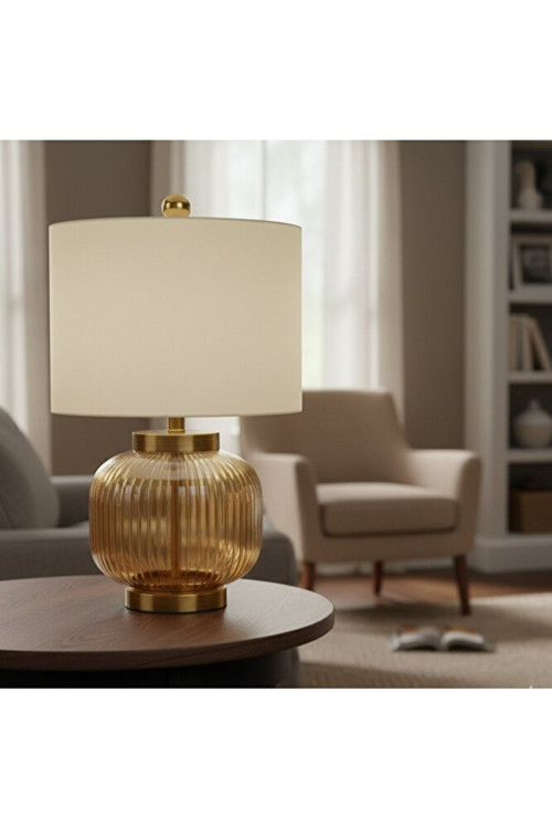 Bal Cam Amber Mat Atın Eskitme Kaplama Gold Metal Modern Abajur E27 Duy Krem Başlık Masa Lambası