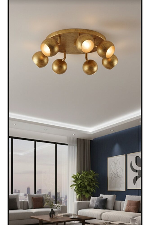 Mat Altın Eskitme Fırçalı Yedili Hareketli Başlık GU10 Duy Tavan Avize Tasarruflu LED Küre Spot