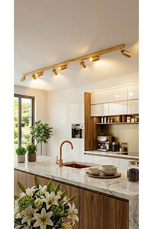 GU10 Duy Os ram 8’li Hareketli LED Spot Tavan Avize 150 cm Mat Altın Gold Kaplama Salon Aydınlatma