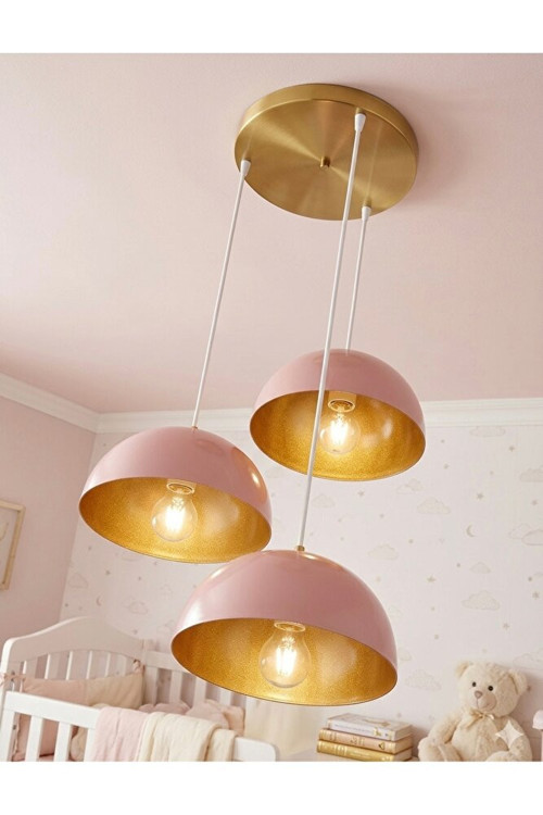 3’lü Sarkıt Avize E27 Uçuk Pembe Gold Metal Modern Tavan Aydınlatma Genç Bebek Odası Avize
