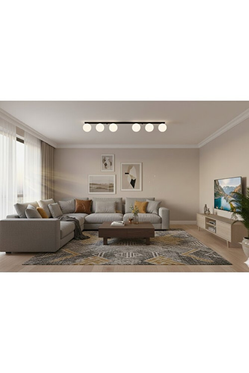 120cm E27 Metal Siyah Gövde Altılı 6’lı Beyaz Top Cam Tavan Avize LED Ampullü