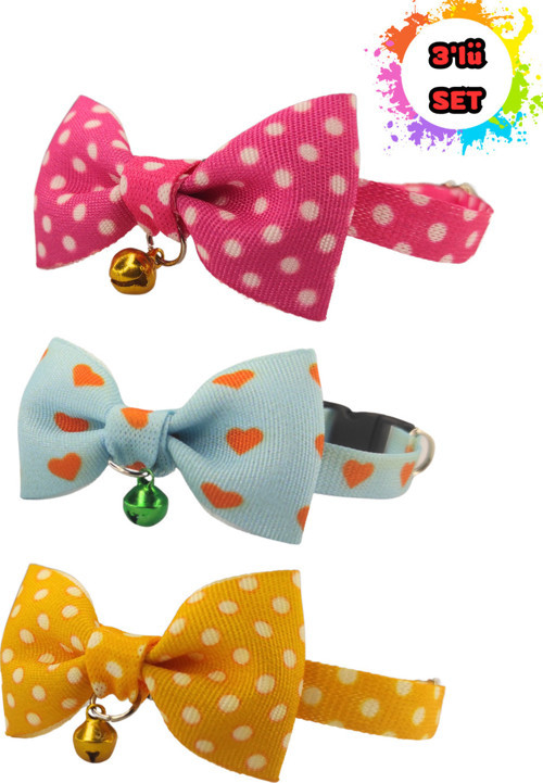 Papyonlu Kedi Boyun Tasmas 3 Lü Set Papyonlu Zilli 17-30 Cm Ayarlanabilir Kedi Papyon Fiyonk