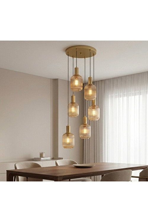 Altılı E27 Çizgili Bal Cam Sarkıt Avize Mat Altın Gold Metal Modern Salon Yemek Masası Tavan Avize