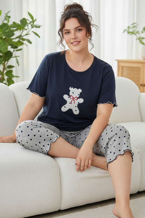 Desenli Pamuklu Büyük Beden Battal Boy Örme Kapri Pijama Takım