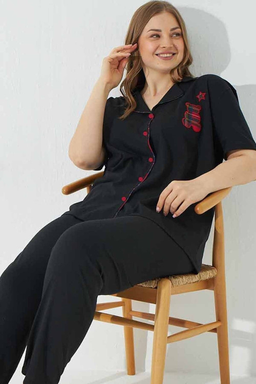 Pamuklu Düğmeli Biyeli Nakışlı Büyük Beden Battal Örme Pijama Takım