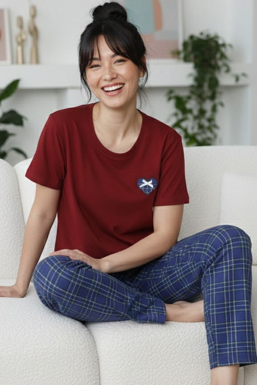 Bordo Desenli Pamuklu Bisiklet Yaka Örme Pijama Takım
