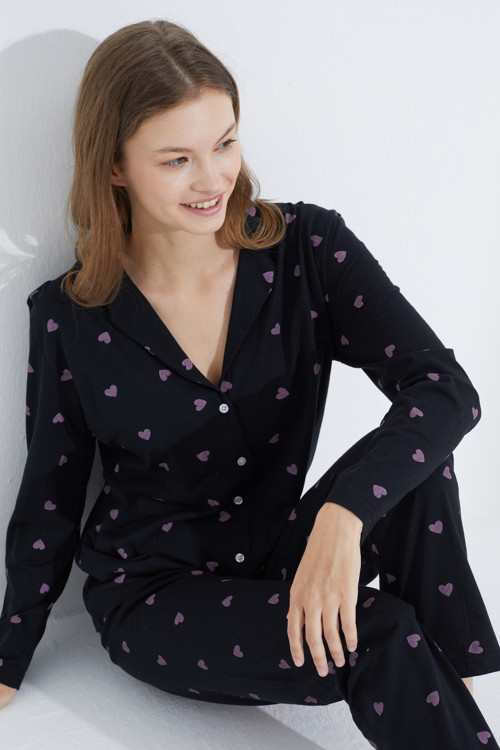 siyah pembe kalp Düğmeli Örme Pijama Takım