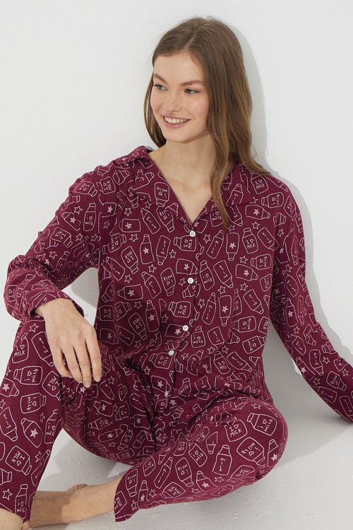 Bordo Milk Desenli Pamuklu Düğmeli Pijama Takımı