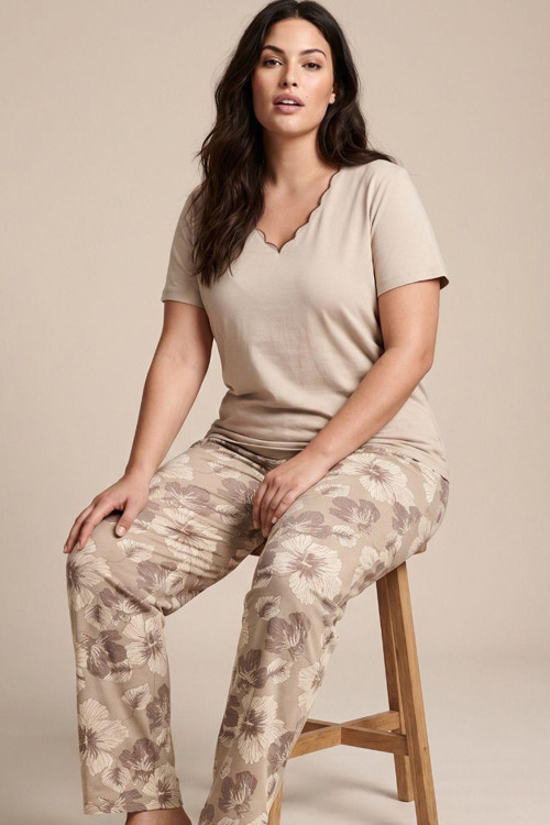 Rengi Desenli Büyük Beden Battal Boy Viskon Örme Pijama Takım