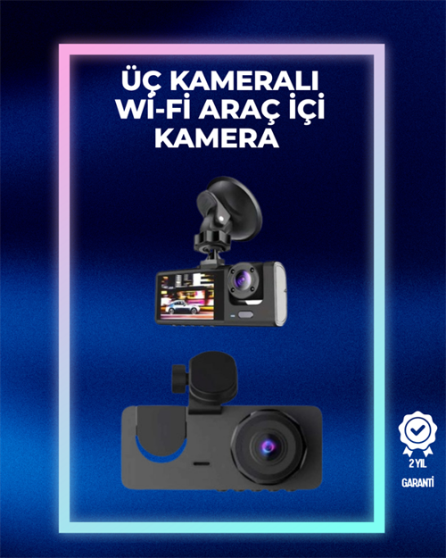 Ön + 720P Arka & İç Kamera – Suya Dayanıklı Araç Güvenlik Kamerası