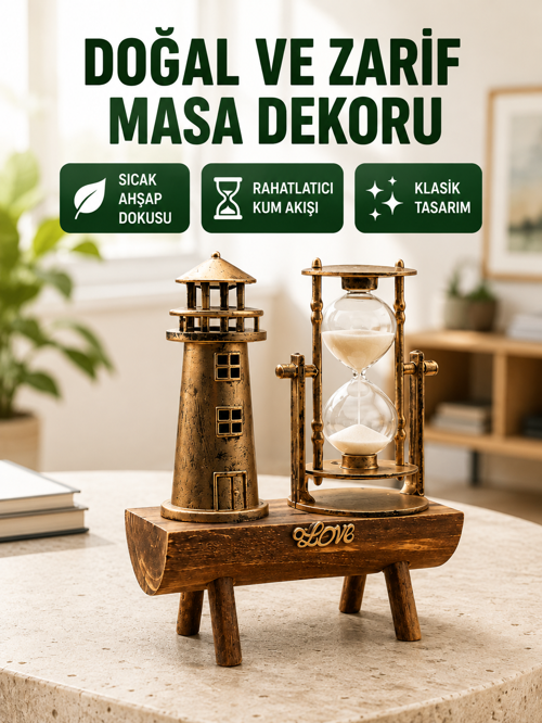 Ahşap Gövdeli Deniz Feneri Formlu Kum Saati – 15X20 Cm Masa Dekoru Yeni Nesil