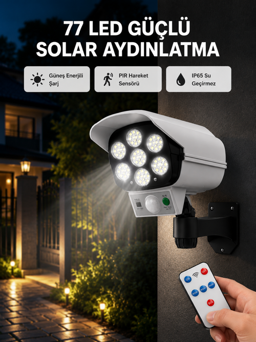 77 Led'Li Güneş Enerjili Güvenlik Lambası Kukla Kamera – Hareket Sensörlü, 2400Mah Pilli