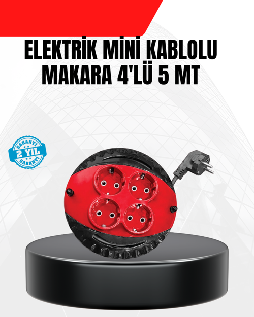 Ev Ofis İçin 5 Metre Kablolu 4 Priz Makarası