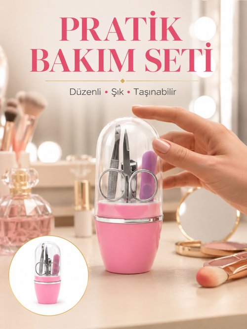 Tırnak Bakım Manikür Pedikür Seti 4 Parça Pembe Ev Seyahat Yeni Nesil