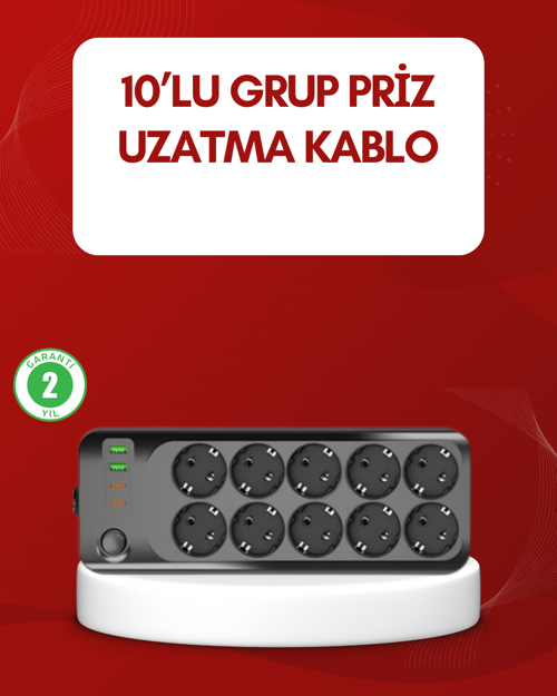 Usb Destekli 10’Lu Grup Priz Termal Korumalı 2M Kablo 2500W