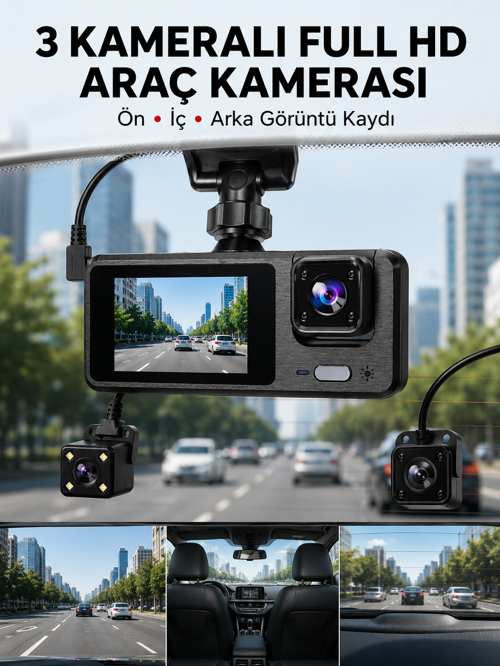 3 Kanallı Araç Dvr – Ön + İç + Arka Kamera Ile Tam Kapsama, Yüksek Güvenlik Yeni Nesil