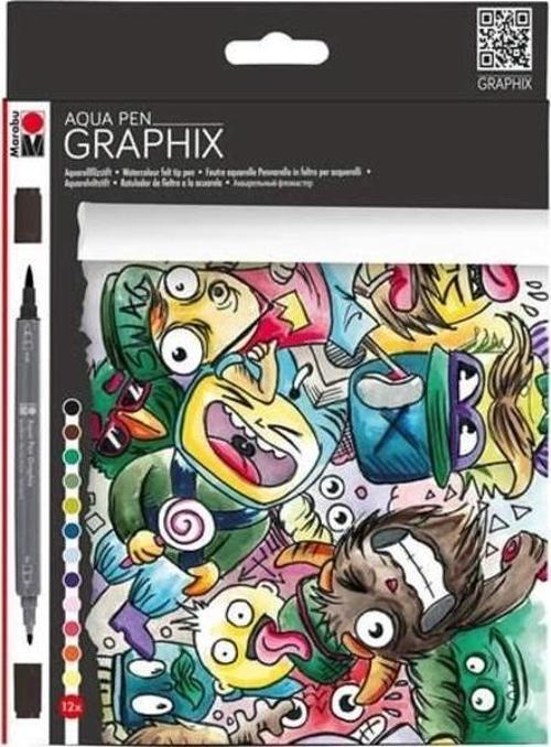 Graphix Aqua Pen Çift Uçlu Grafik Çizim Manga Kalemi 12 Renk Set
