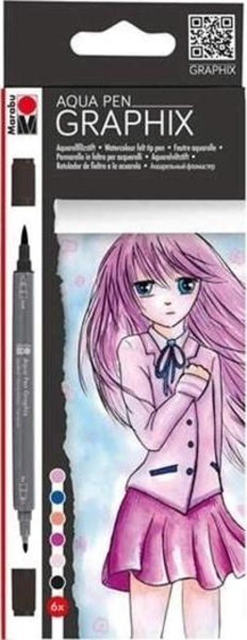 Graphix Aqua Pen Çift Uçlu Grafik Çizim Manga Kalemi 6 Renk Set Ma Ke Manga