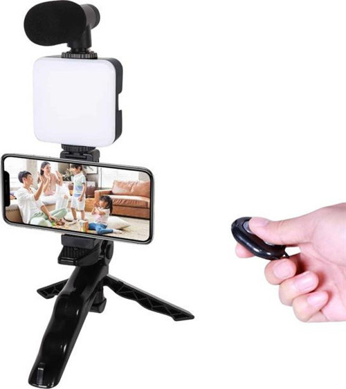 Telefon Tutucu Led Işıklı Kumandalı Mikrofon Telefon Vlog Video Kayıt
