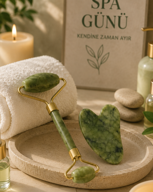 Jade Stone Yüz Bakım Seti Gua Sha Roller Masaj Taşı