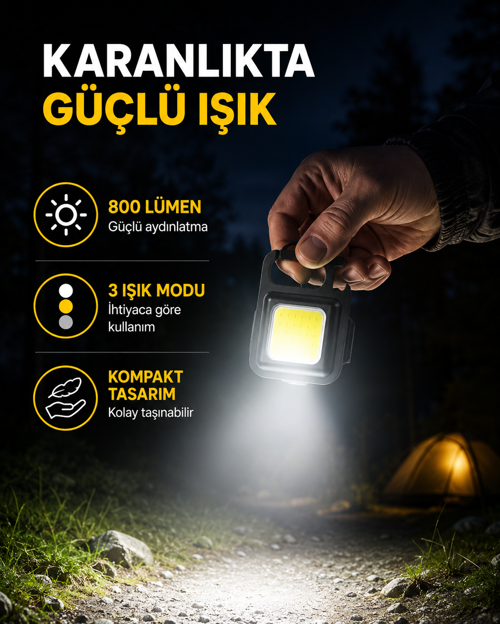Şarjlı Cob Led Anahtarlık Fener – 4 Modlu, Katlanabilir Standlı Yeni Nesil