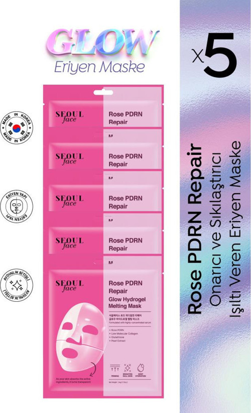 Seoul Face Gül PDRN Onarıcı Glow Işıltı Veren Eriyen Kore Maskesi Hidrojel Maske 34 gr 5 Adet