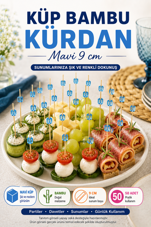 50’li Mavi Küp Bambu Kürdan 9 cm Parti Davet Kokteyl Kanepe Sunum Kürdanı Organizasyon Sofra Seti