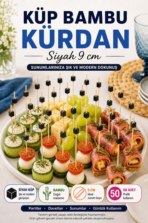 50’li Siyah Küp Bambu Kürdan 9 cm Parti Davet Kokteyl Kanepe Sunum Kürdanı Organizasyon Sofra Seti