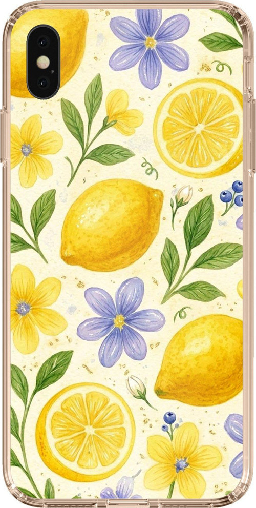 iPhone XS MAX Uyumlu Sulu Boya Limon ve Çiçek Desenli Baskılı Silikon Kılıf