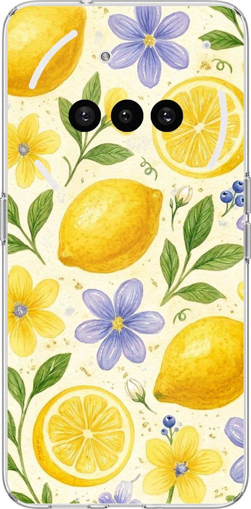 Nothing Phone (3a) Uyumlu Sulu Boya Limon ve Çiçek Desenli Baskılı Silikon Kılıf