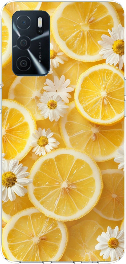 Oppo A16 - A54 - A55 Uyumlu Limon Dilimleri ve Papatya Desenli Baskılı Silikon Kılıf