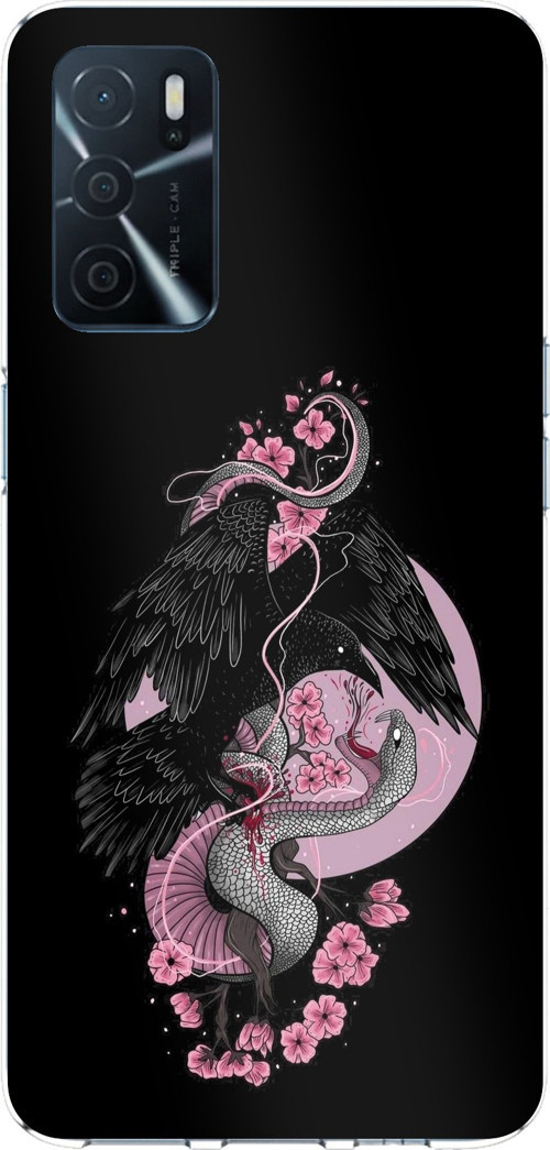 Oppo A16 - A54 - A55 Uyumlu Pembe Siyah Yılan Baskılı Silikon Kılıf