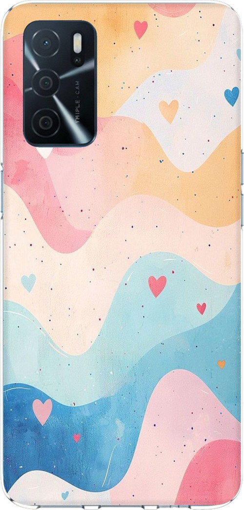 Oppo A16 - A54 - A55 Uyumlu Pastel Renkli Dalgalı ve Kalp Baskılı Silikon Kılıf