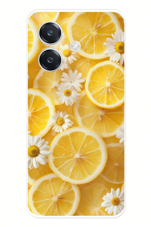 OPPO A3 Uyumlu Limon Dilimleri ve Papatya Desenli Baskılı Silikon Kılıf