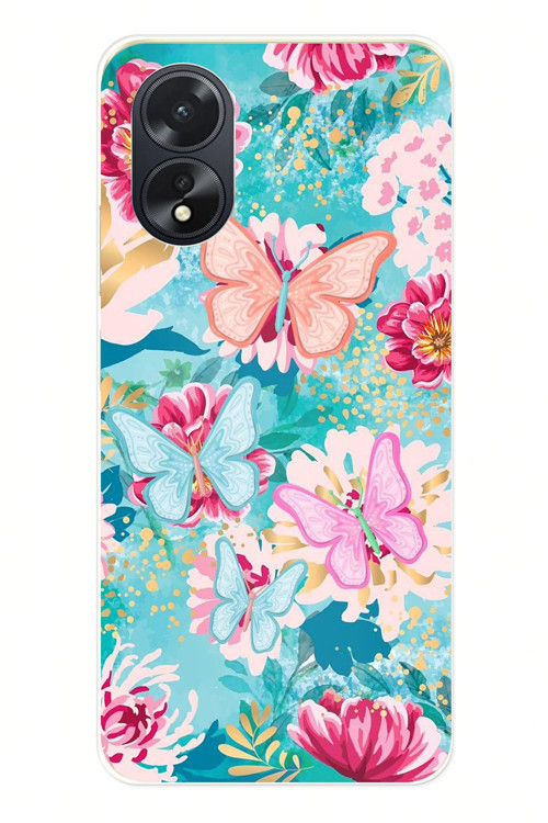 Oppo A38 Uyumlu Kelebekler ve Çiçekler Baskılı Silikon Kılıf