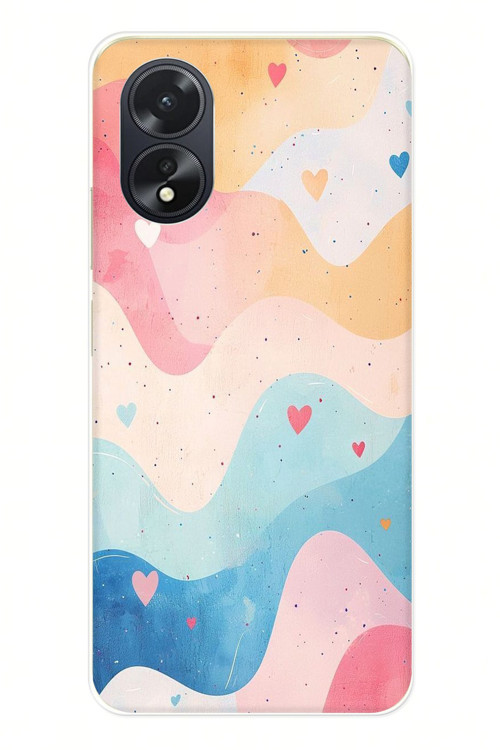 Oppo A38 Uyumlu Pastel Renkli Dalgalı ve Kalp Baskılı Silikon Kılıf