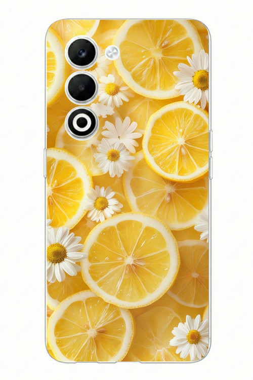OPPO A5 4G Uyumlu Limon Dilimleri ve Papatya Desenli Baskılı Silikon Kılıf