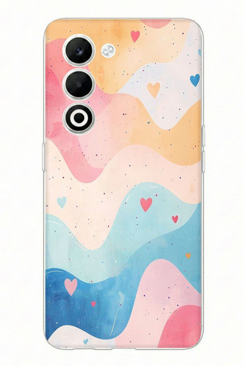 OPPO A5 4G Uyumlu Pastel Renkli Dalgalı ve Kalp Baskılı Silikon Kılıf
