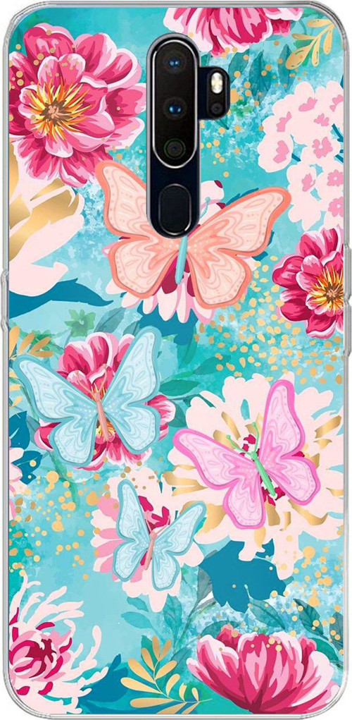 Oppo A5/A9 2020 Uyumlu Kelebekler ve Çiçekler Baskılı Silikon Kılıf