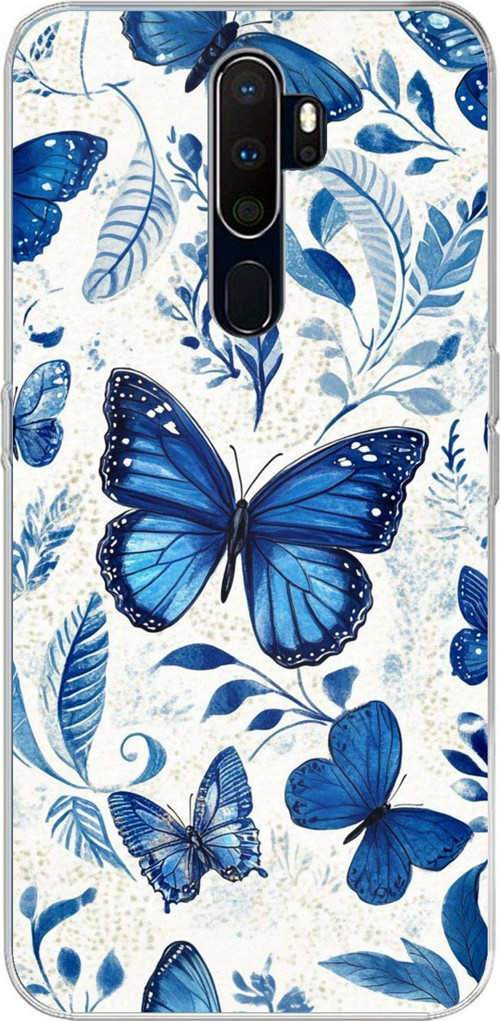 Oppo A5/A9 2020 Uyumlu Mavi Kelebekler Baskılı Silikon Kılıf