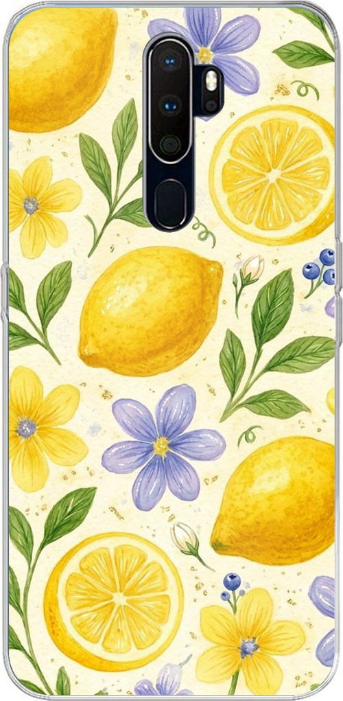 Oppo A5/A9 2020 Uyumlu Sulu Boya Limon ve Çiçek Desenli Baskılı Silikon Kılıf