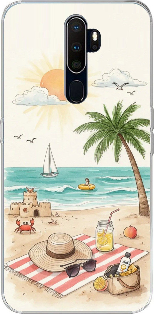 Oppo A5/A9 2020 Uyumlu Sulu Boya Sahil ve Deniz Manzaralı Baskılı Silikon Kılıf