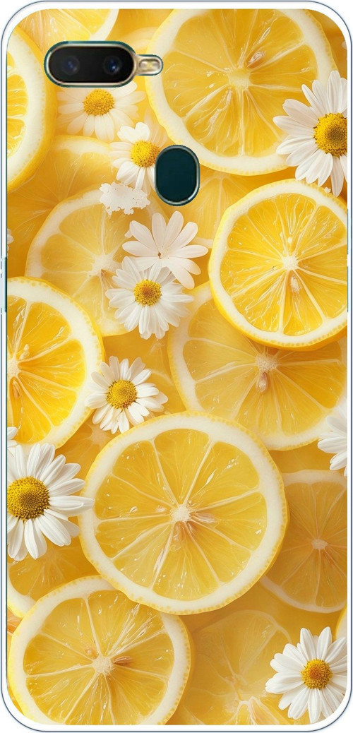 Oppo A5S-AX7-A12 Uyumlu Limon Dilimleri ve Papatya Desenli Baskılı Silikon Kılıf
