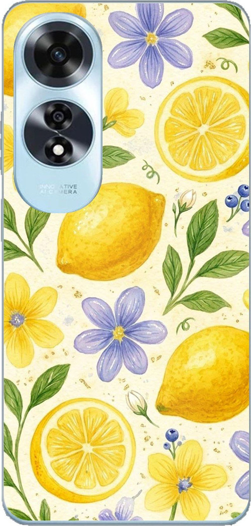 Oppo A60 Uyumlu Sulu Boya Limon ve Çiçek Desenli Baskılı Silikon Kılıf