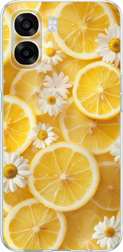 Oppo A6T - A6X Uyumlu Limon Dilimleri ve Papatya Desenli Baskılı Silikon Kılıf