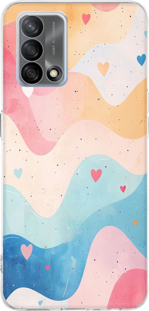 OPPO A74 Uyumlu Pastel Renkli Dalgalı ve Kalp Baskılı Silikon Kılıf